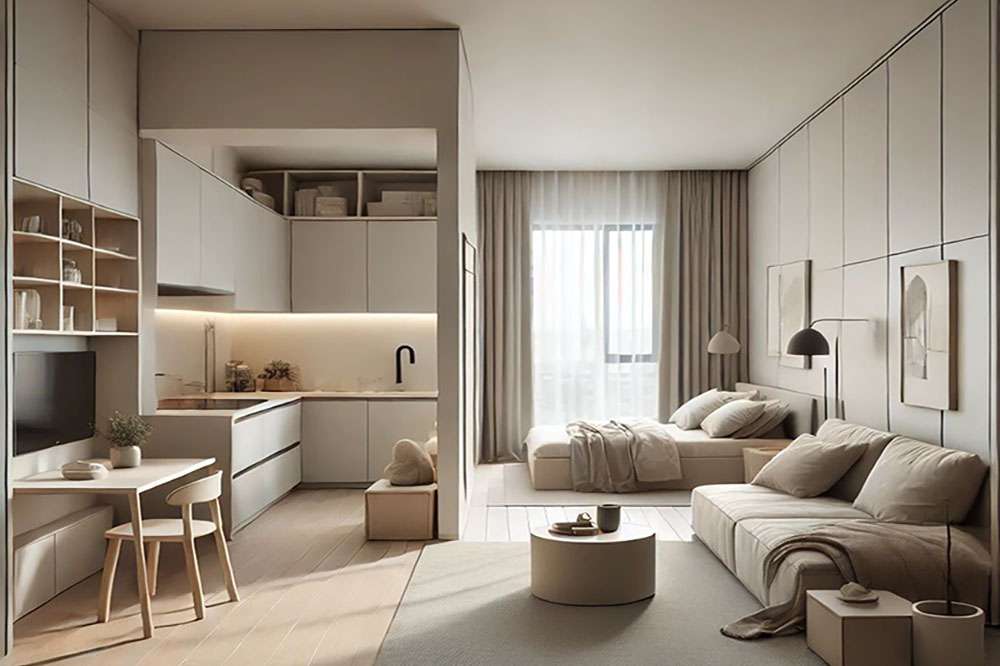 thiet ke phong khach chung cu lien bep 1