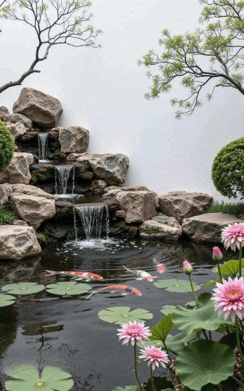 tieu canh hoa sen voi ca koi